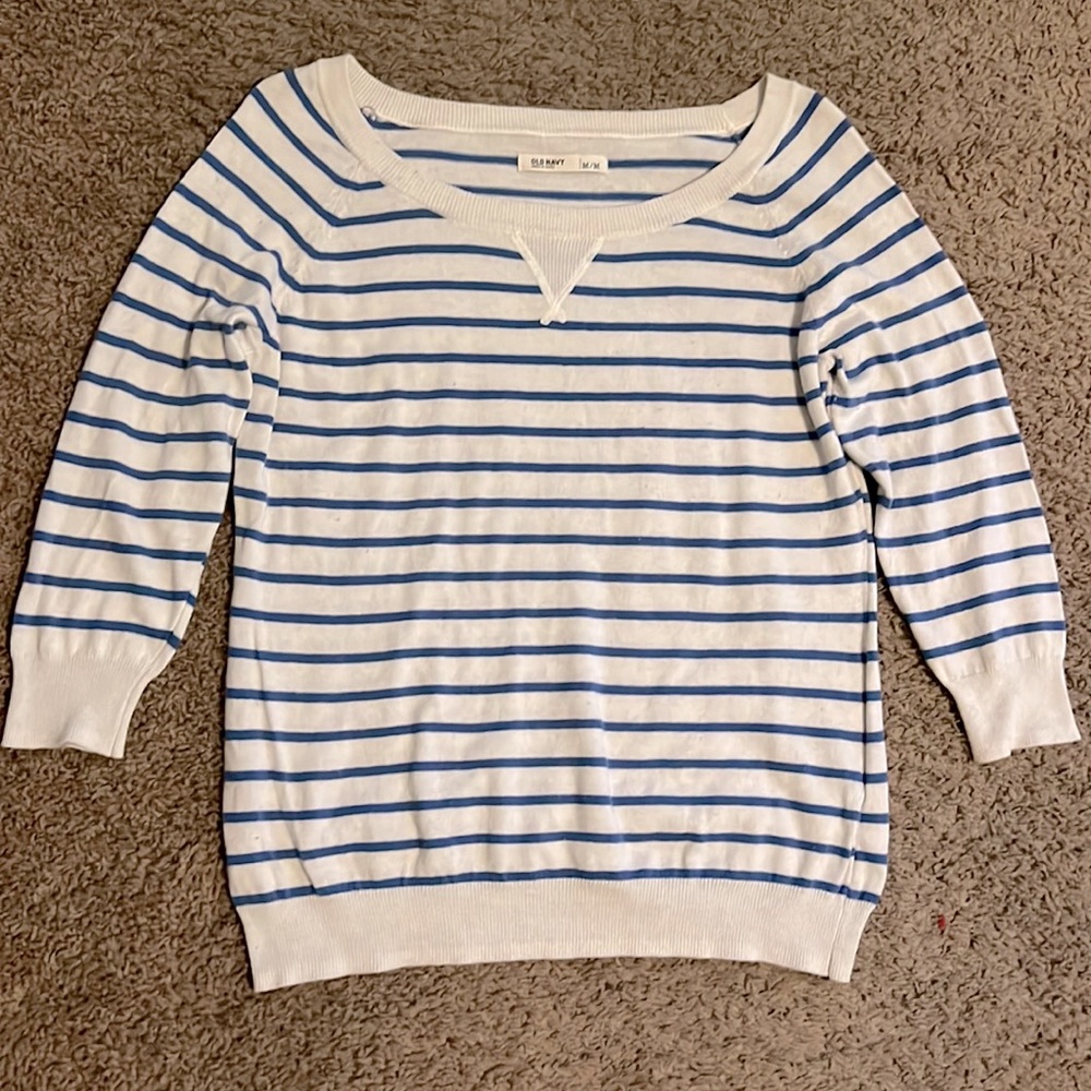 Old Navy Blue & White Striped 3/4 Sleeve Sweater, Sz M